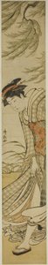 Courtisane wandelend onder een wilgenboom op een winderige dag door Torii Kiyonaga