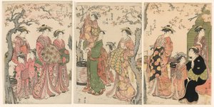 Courtisanes en hun kinderverzorgers onder bloeiende kersenbomen door Torii Kiyonaga