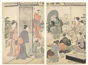 Feest in het Komeikan theehuis door Torii Kiyonaga
