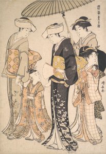 Hooggeplaatste samoeraimeisje met vier bedienden, uit de serie Een Brokaat van Oosterse M..., ca. 1784 door Torii Kiyonaga