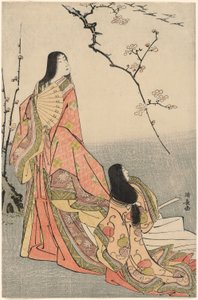 Ise kijkt naar een groep ganzen, uit een ongetitelde serie van hofdames door Torii Kiyonaga