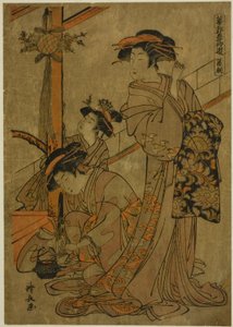 Ochtend van Iris, uit de serie "Vijf Festivals in de Plezierwijken (Hanakuruwa gosechi no asobi)" door Torii Kiyonaga