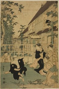 Buitenvermaak bij het Kankanro-theehuis in Yoshiwara door Torii Kiyonaga