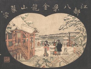 Sneeuwscène met figuren buiten een tempel. door Torii Kiyonaga