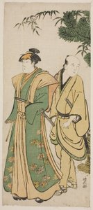 De acteur Segawa Kikunojo III en zijn begeleider maken cermonial rondes op Nieuwjaar door Torii Kiyonaga
