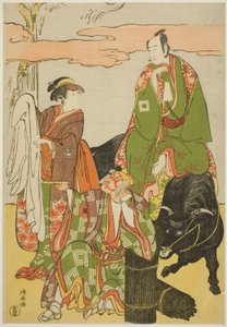 De Acteurs Ichikawa Monnosuke II als Miyukinosuke, Segawa Kikunojo III als Hatsune-hime, en Ichikawa Danjuro V als Ninnaji no Saibei, in de joruri "Shitenno Oe no Yamairi," uitgevoerd in het Kiri Theater in de elfde maand, 1785