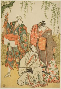 De acteurs Ichikawa Yaozo III als Shiragiku, Ichikawa Danjuro V als de poppenspeler Dekurokubei, en Sawamura Sojuro III als Soga no Juro, in de joruri "Shinobukoi Yanagi no Katsura Otoko," uitgevoerd in het Nakamura Theater in de eerste maand, 1785