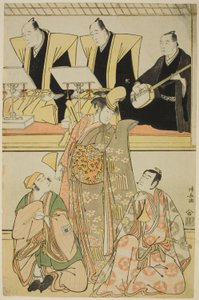De Acteurs Nakayama Kojuro VI (Nakamura Nakazo I) als Chidori, Sawamura Sojuro III als Shigemori, en Ichikawa Yaozo III als Yoshibei, in de shosa "Fukyoku Edo Geisha," uitgevoerd in het Nakamura Theater in de elfde maand, 1785 door Torii Kiyonaga