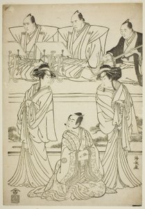 De acteurs Segawa Kikunojo III als de geest van Yatsuhashi, Sawamura Sojuro III als Soga no Juro, en Ichikawa Danjuro V als de geest van Seigen, in het stuk "Sono Omokage Matsu ni Sakura," opgevoerd in het Nakamura Theater in de eerste maand, 1783 door Torii Kiyonaga