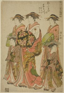 De Courtisane Takigawa van de Ogiya met Haar Bedienden Onami en Menami, uit de serie "Modellen voor Mode: Nieuwe Ontwerpen zo Fris als Jonge Bladeren" door Torii Kiyonaga
