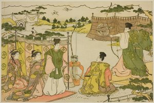 De Eerste Boogschietoefening van het Nieuwe Jaar (Yumi hajime), uit het geïllustreerde boek "Kleuren van de Drievoudige Dageraad (Saishiki mitsu no asa)" door Torii Kiyonaga