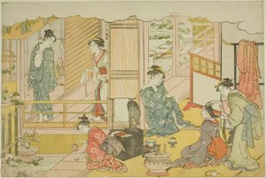 Het eerste bad van het nieuwe jaar (Yudono hajime), uit het geïllustreerde boek "Kleuren van de driedubbele dageraad (Saishiki mitsu no asa)"