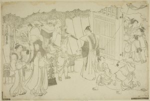 De eerste dag van zaken (Akinai hajime), uit het geïllustreerde boek "Kleuren van de Drievoudige Dageraad (Saishiki mitsu no asa)" door Torii Kiyonaga