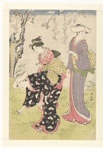 Twee vrouwen en een meisje onder een bloesemende kersenboom (Brokaten met gewoonten en gebruiken in het Oosten) door Torii Kiyonaga