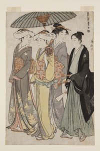 Twee Dochters van een Bannerman met een Dienstmeisje en een Jonge Man door Torii Kiyonaga