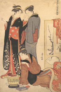 Twee Vrouwen Staand, Een Kind Vasthoudend, ca. 1785 door Torii Kiyonaga