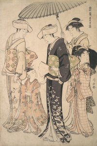 Twee vrouwen in zomerkostuum brengen een jong meisje naar een Shinto-tempel voor de Miya Mairi..., ca. 1783 door Torii Kiyonaga