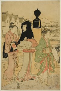 Vrouwen die de Nihonbashi-brug oversteken
