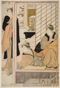 Vrouwen die een Besneeuwde Tuin Bekijken vanuit een Salon door Torii Kiyonaga