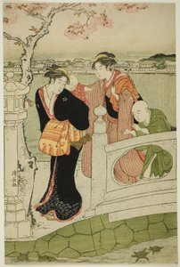 Vrouwen en kinderen op de dam bij Shinobazu-vijver