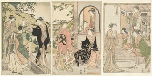 Yoshitsune brengt een serenade aan Joruri hime door Torii Kiyonaga