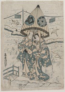 Nakamura Tomijuro en Nakamura Shichisaburo II als de geliefden Agemaki en Sukeroku door Torii Kiyonobu II
