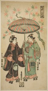 De acteur Sanogawa Ichimatsu I als Kumenosuke en Takinaka Hidematsu I als Oume, uit "Een paraplu delen: Een drieluik"