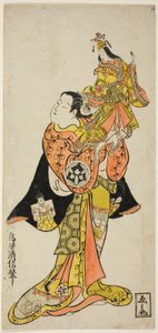 De acteur Yamashita Kinsaku met een pop van de keizerin in het stuk "Dagboek van een reis over zee naar Izu (Funadama Izu Nikki)," uitgevoerd in het Nakamura Theater in de eerste maand, 1725