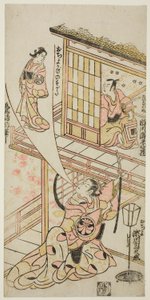De acteurs Ichikawa Ebizo II als Mushanosuke, Segawa Kikunojo I als Ochiyo, en Matsushima Kichisaburo als Ochiyo