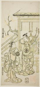 De acteurs Otani Oniji I als Soga no Goro en Sanogawa Ichimatsu I als de zus van Yoshinaka in het stuk "Fuji no Yuki Mitsugi Soga," opgevoerd in het Nakamura Theater in de eerste maand, 1746