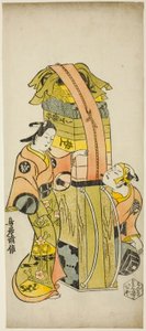 De Acteurs Ichikawa Danjuro II als Kamada Matahachi en Ichikawa Monnosuke I als Hisamatsu in het stuk "Osome Hisamatsu Shinju Tamoto no Shirashibori," opgevoerd in het Morita Theater, 1720