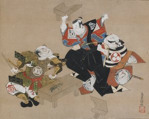 De Acteurs Ichikawa Danjuro II als Soga no Goro en Ogawa Zengoro als Kudo Suketsune door Torii Kiyonobu I
