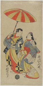 Nakamura Shichisaburo als Chihara Sakonnosuke en Hayakawa Hatsuse als de courtisane Okuni, augustus 1702 door Torii Kiyonobu I Torii Kiyonobu I