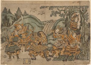Minamoto no Yoritomo verstopt zich in een boom door Torii Kiyoshige