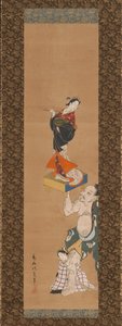 De krijger Asahina Yoshihide tilt een pop van een courtisane op een Go-bord op door Torii Kiyoshige