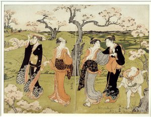 Picknick onder kersenbloesems in Assaakayama. Japanse prent door Torii Kiyonaga (1752-1815), Ukiyo-E stijl