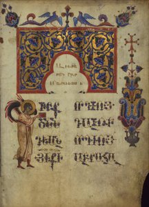 Versierde initiaal met symbool van evangelist Mattheüs