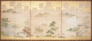Zesdelig scherm met vogels en bloemen van de twaalf maanden door Tosa Mitsunari
