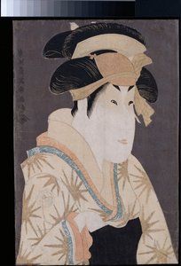Een okubi-e portret van de acteur Segawa Kikunojo III in de rol van Oshizu, de vrouw van Tanabe Bunzo, uit het stuk Hana-ayame bunroku soga uitgevoerd in het Miyakoza theater in de vijfde maand van Kansei 6, ca. 1794