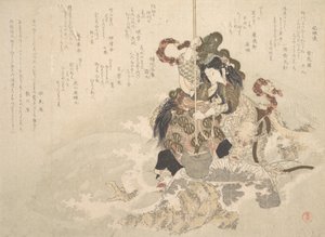 Otchime, de dochter van de god van de zee, met een draak op een rots, ca. 1800 door Totoya Hokkei