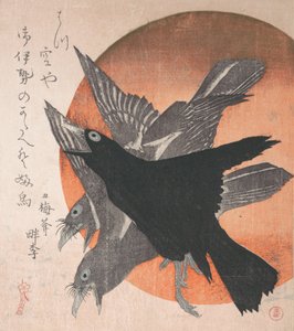 Drie Kraaien tegen de Opkomende Zon, uit de serie Drie Bladen Mihira no uchi, midden 1810s door Totoya Hokkei