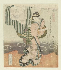 Vrouw met sake kopje door Totoya Hokkei