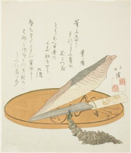 Wasabiwortel met gedroogde bonito en mes op een lak dienblad door Totoya Hokkei