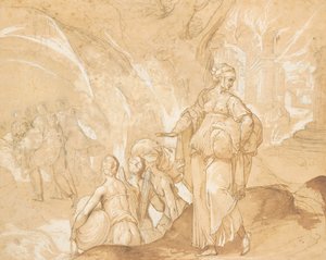 Vrouw van Lot kijkt terug naar de vernietiging van Sodom en Gomorra door Toussaint Dubreuil