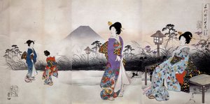 Japanse vrouwen wandelen voor de berg Fuji Japanse prent door Toyohara Chikanobu (1838-1912) 1896 Privécollectie