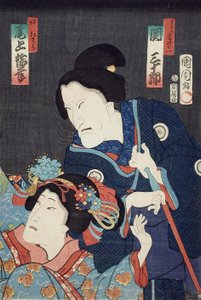 Onoe Baikō als de jongere zus Benizara en Seki Sanjūrō als de moeder Kataomoi in het toneelstuk Ichiban Norime Iki no Sashimono door Toyohara Kunichika