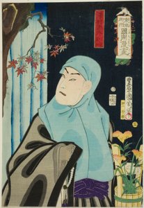 De acteur Sawamura Tossho II als Karukaya Doshin, nr. 5 uit de serie "Bloemen van Tokio: Karikaturen door Kunichika" door Toyohara Kunichika