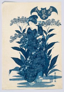 Schoonheden van de nieuwste mode vergeleken met de schoonheid van bloemen (Tosei Bijin), uit bloemenkaarten (Hanaawase)
