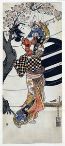 Japanse vrouw in kimono die gedichten ophangt in een bloeiende kersenboom, Japanse houtsnede door Ishikawa Toyonobu (1711-1785) ca. 1741 door Toyonobu Ishikawa