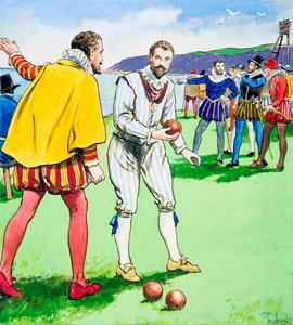 Sir Francis Drake speelt bowls op Plymouth Hoe, 1588, ca. 1900